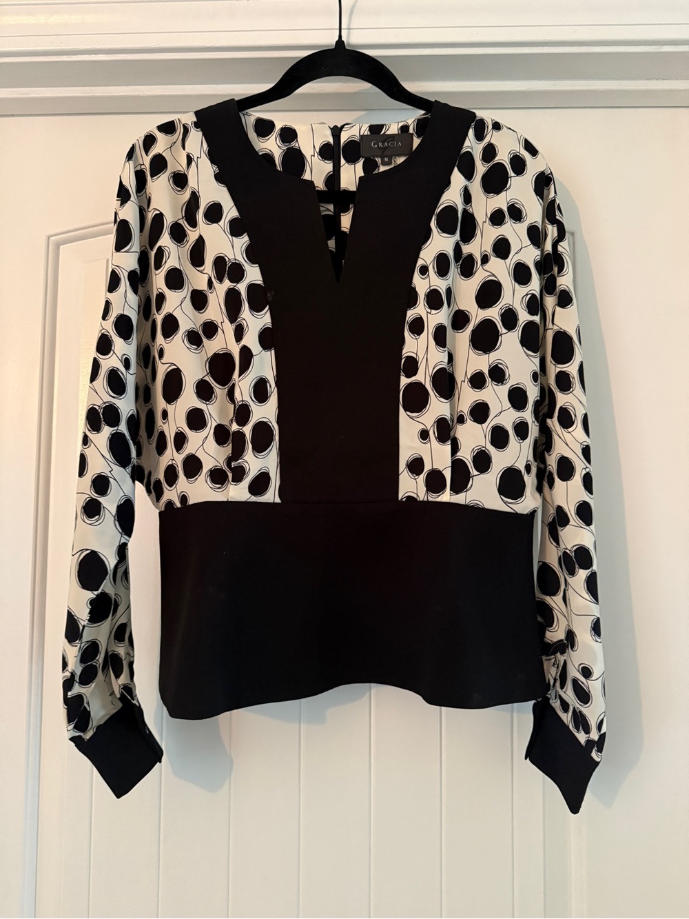 Gracia Black & White Polka Dot Contrast Yoke Blouse